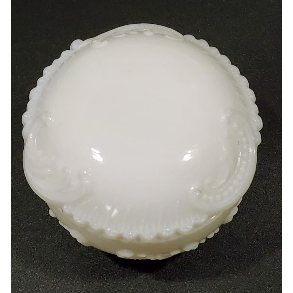 White Milk Glass Round Trinket Box Raised Beaded Scroll Jewelry Vanity